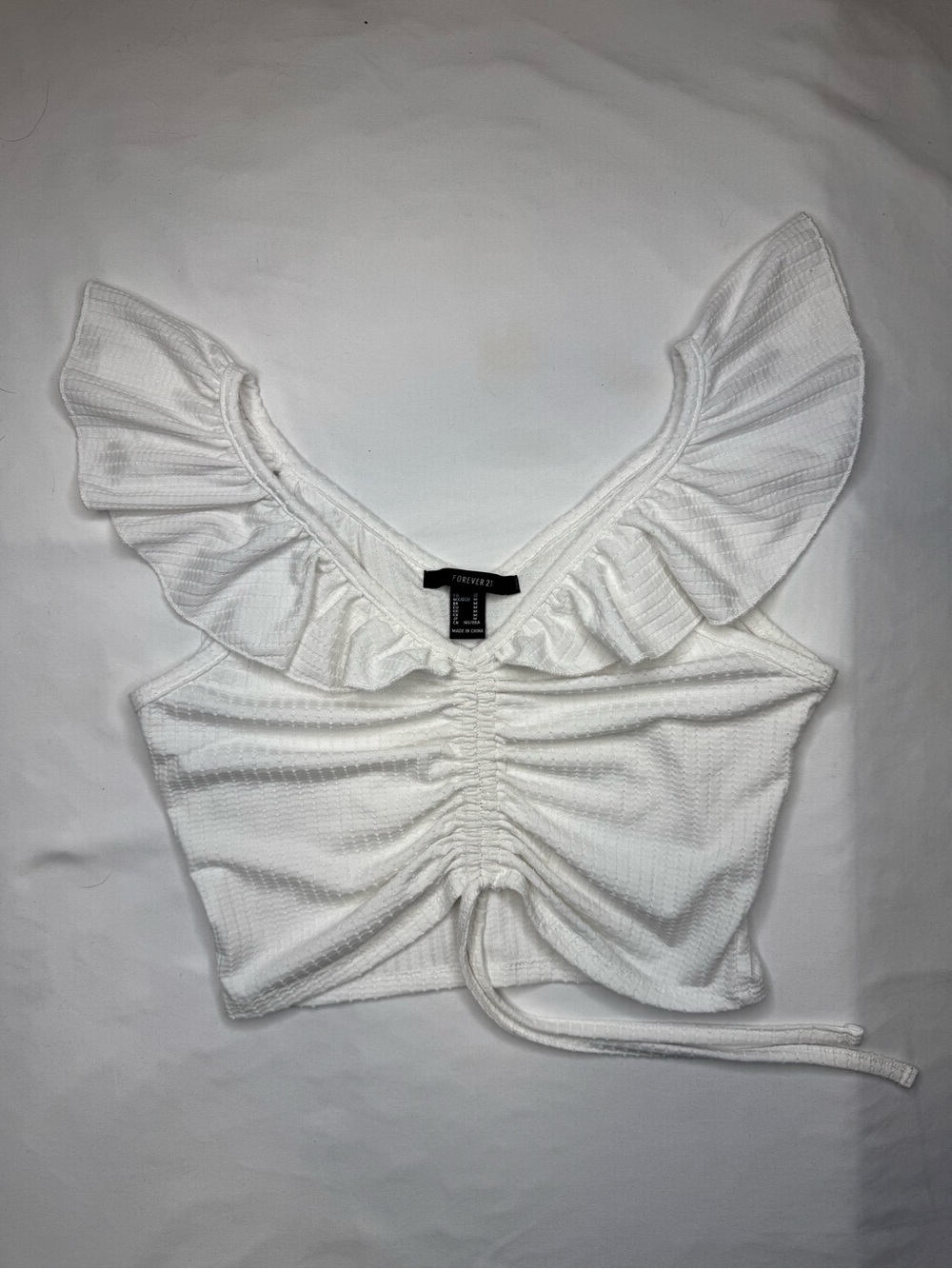 Forever 21 White Ruffle Front Ruched Crop Top | Size M
